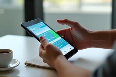 Persona utilizando una tableta o smartphone para gestionar operaciones hoteleras.