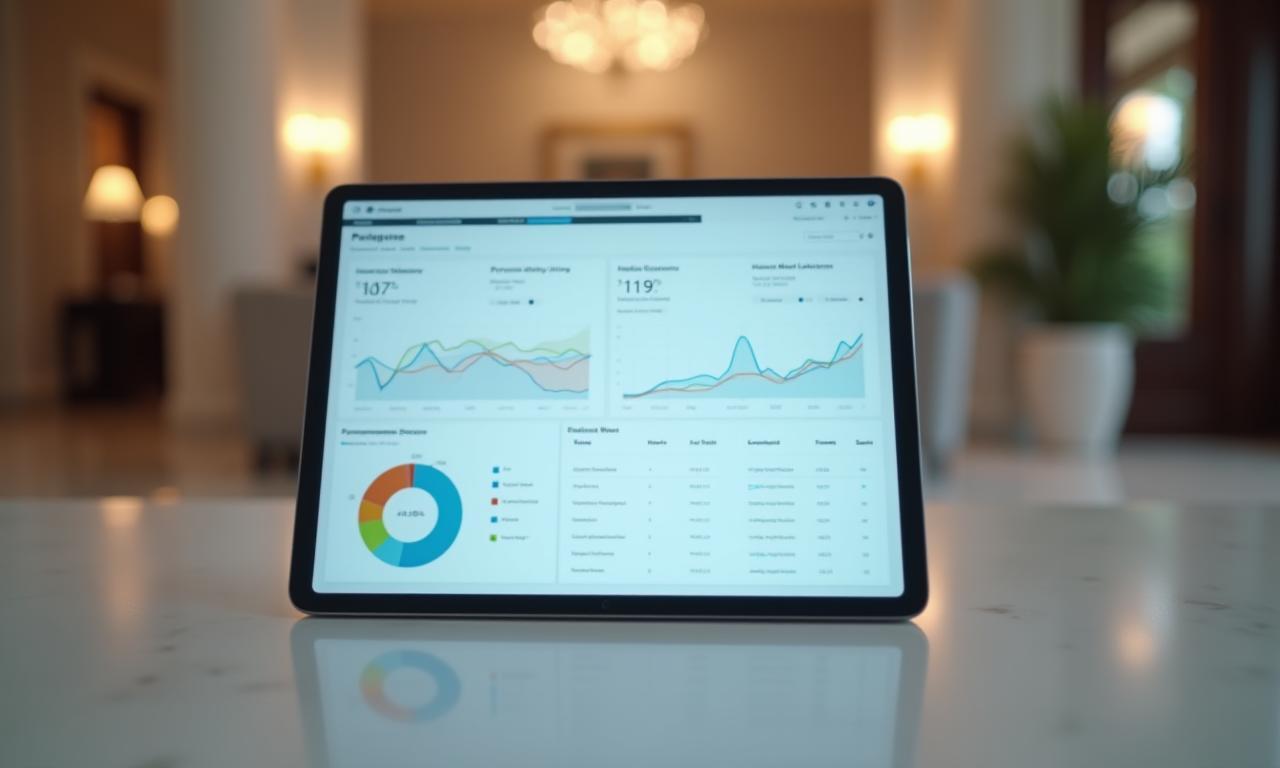Tableta mostrando un software de gestión hotelera moderno con gráficos de rendimiento y una recepción de hotel de fondo.